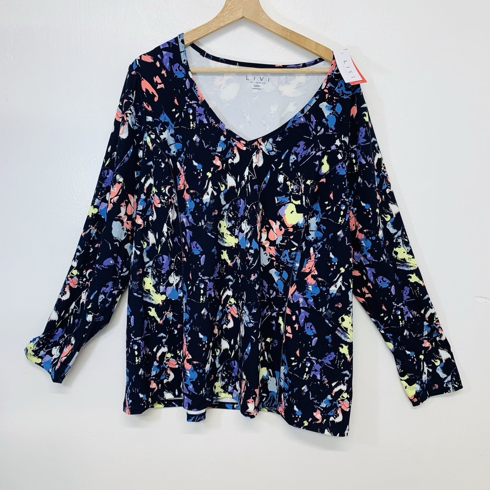 Livi Lane Bryant Jersey Knit Top 22/24 Blue Geometric Activewear Casual Work New